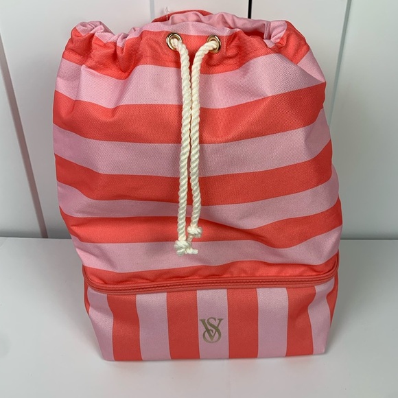Victoria's Secret Pink & Coral Stripe ULTIMATE BEACH BAG backpack Cooler NWT - Picture 1 of 8